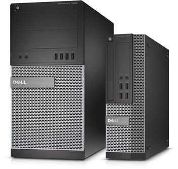 Front view of two OptiPlex 7020, one in Mini Tower form factor and the other in Small Form Factor, both slightly angled to the left